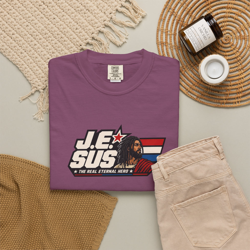 Jesus Retro Graphic T-Shirt — “J.E.SUS The Real Eternal Hero” Christian Vintage Tee