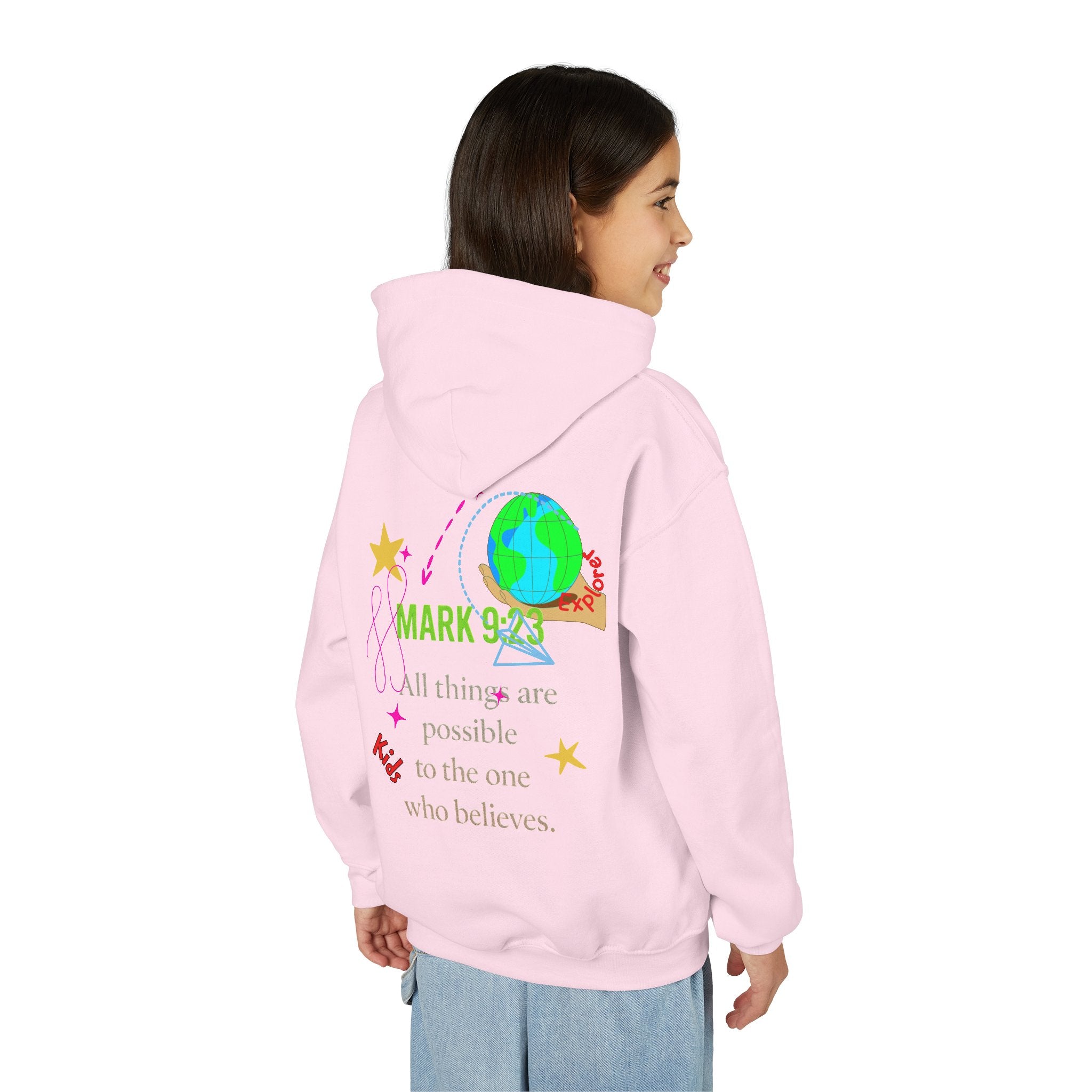 Youth Hoodie — “Little Vessels” Princess Christian Kids Sweatshirt (Mark 9:23, All Things Possible)