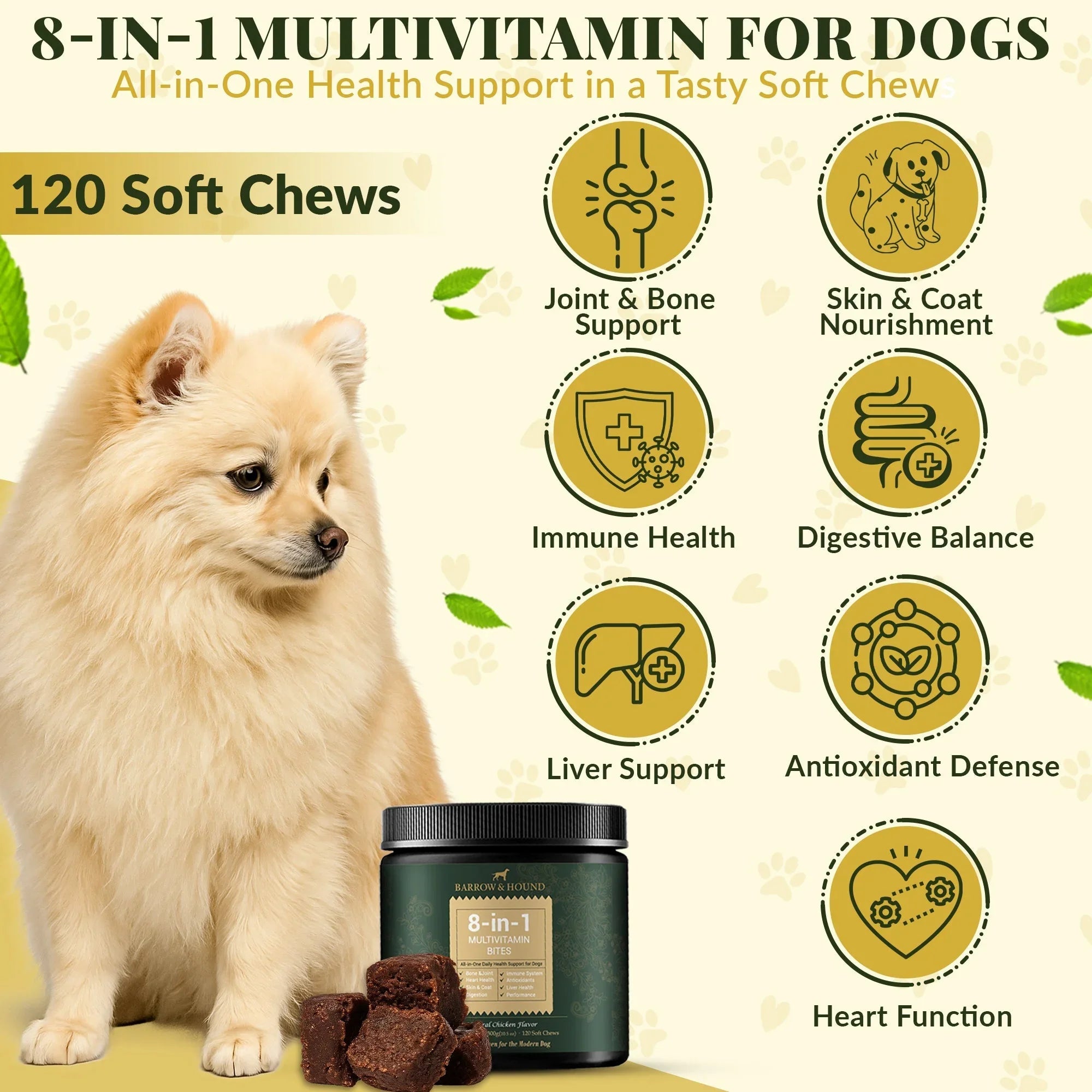 8-in-1 Daily Multivitamin Bites for Dogs – All-in-One Health Support, 120 Soft Chews Barrow & Hound
