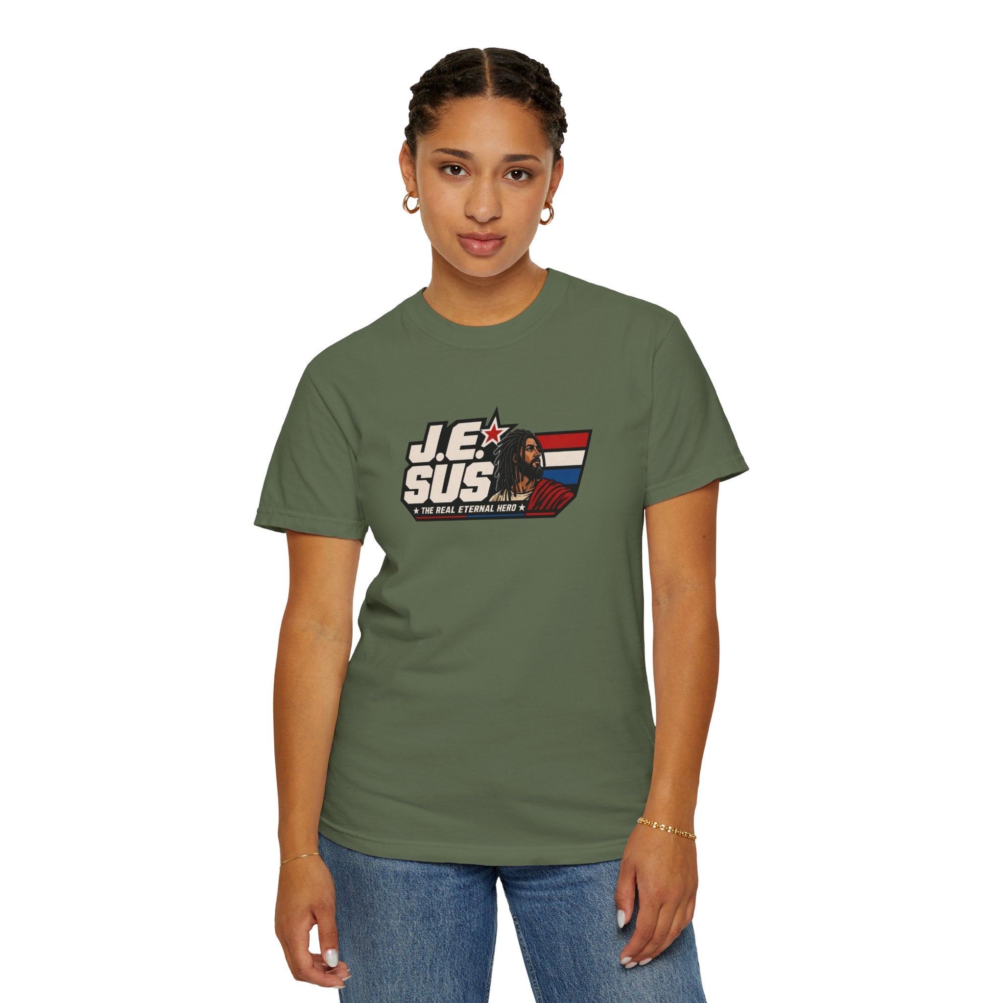 Jesus Retro Graphic T-Shirt — “J.E.SUS The Real Eternal Hero” Christian Vintage Tee