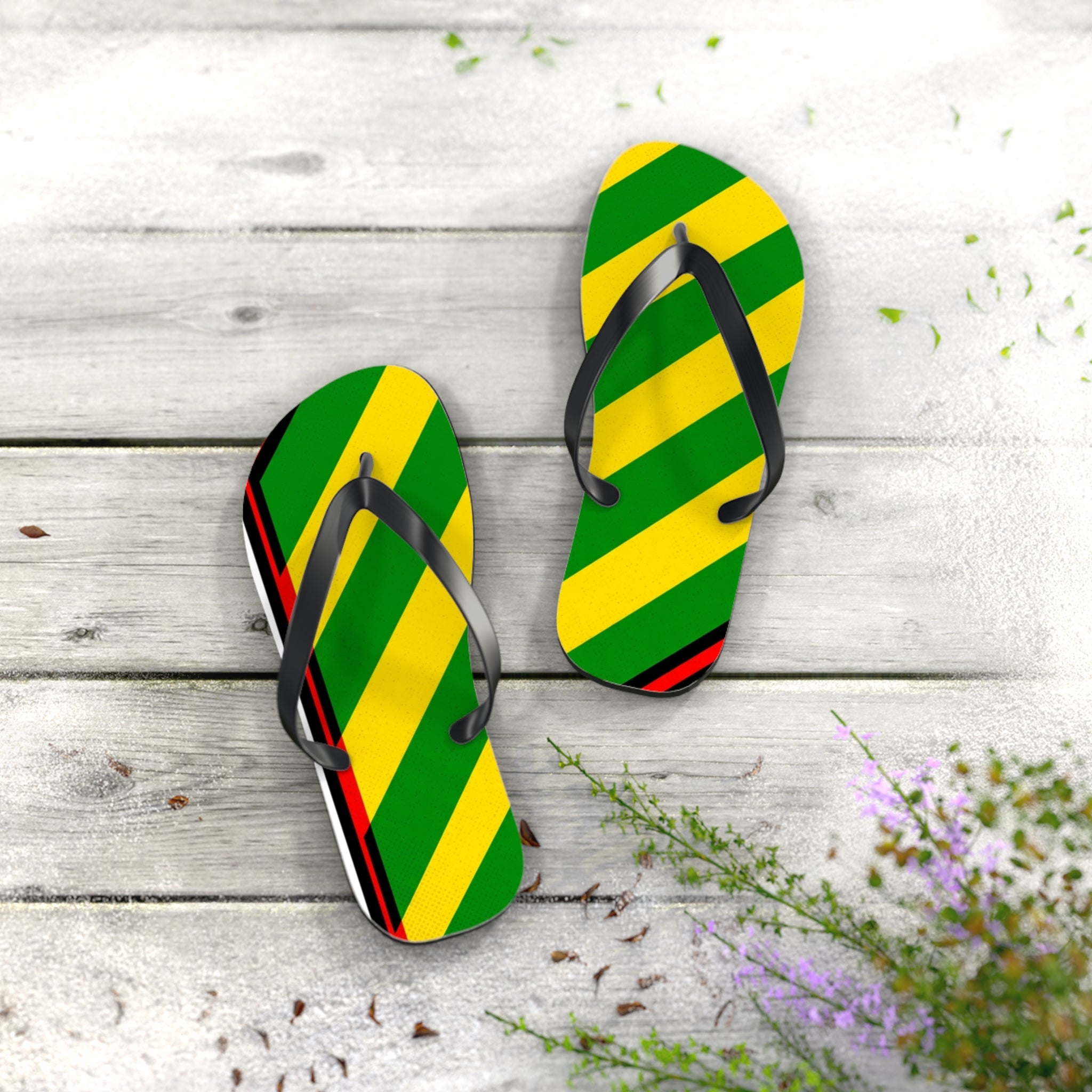 Jamaican Stripe Flip Flops – Green, Yellow & Black Beach Sandals