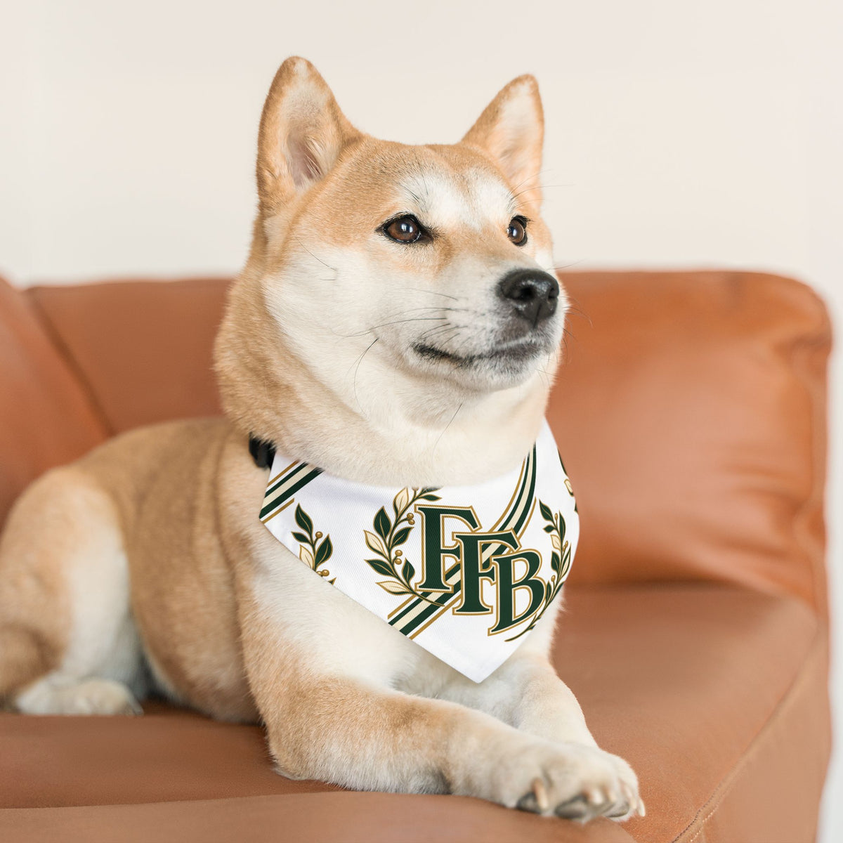 Monogram Laurel Pet Bandana Collar — Green & Gold FFB Crest