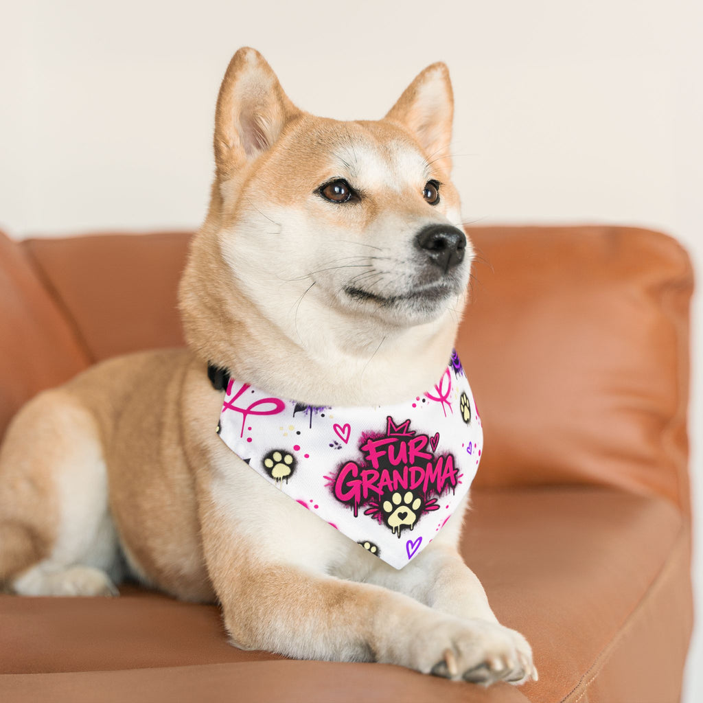 Pet Bandana Collar — “Fur Grandma” Paw Print Bandana Collar, Floral Pink & Purple Dog Scarf