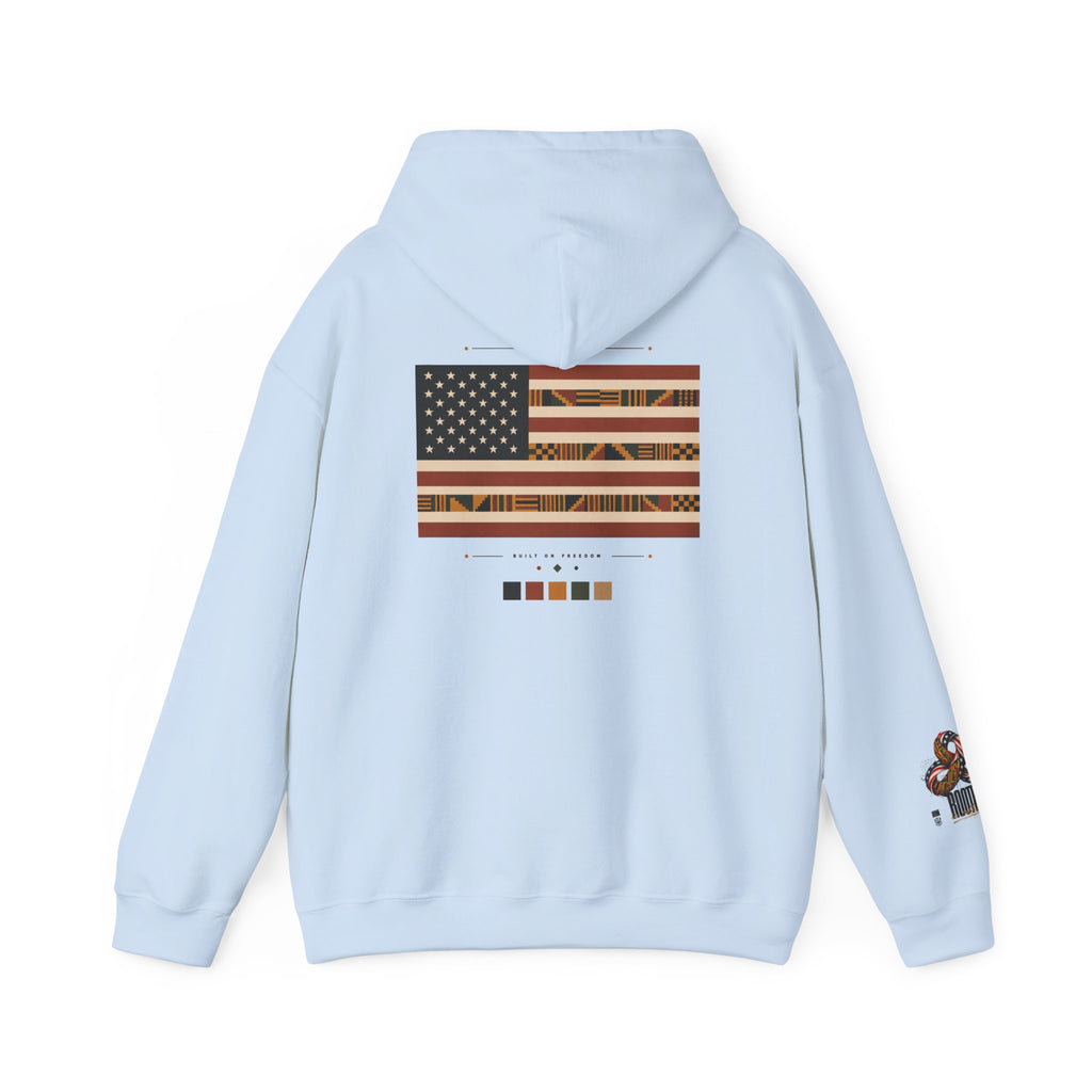 Black Graphic Hoodie — "Rooted in Culture" African Kente Inspired and USA pattern Pullover