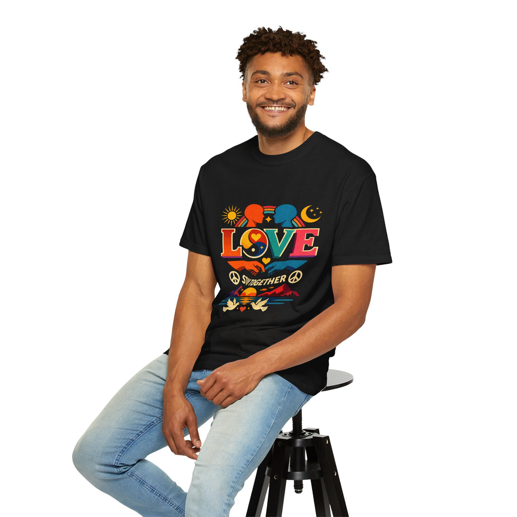 Love Together Retro Graphic T-Shirt — Colorful Peace & Unity Tee