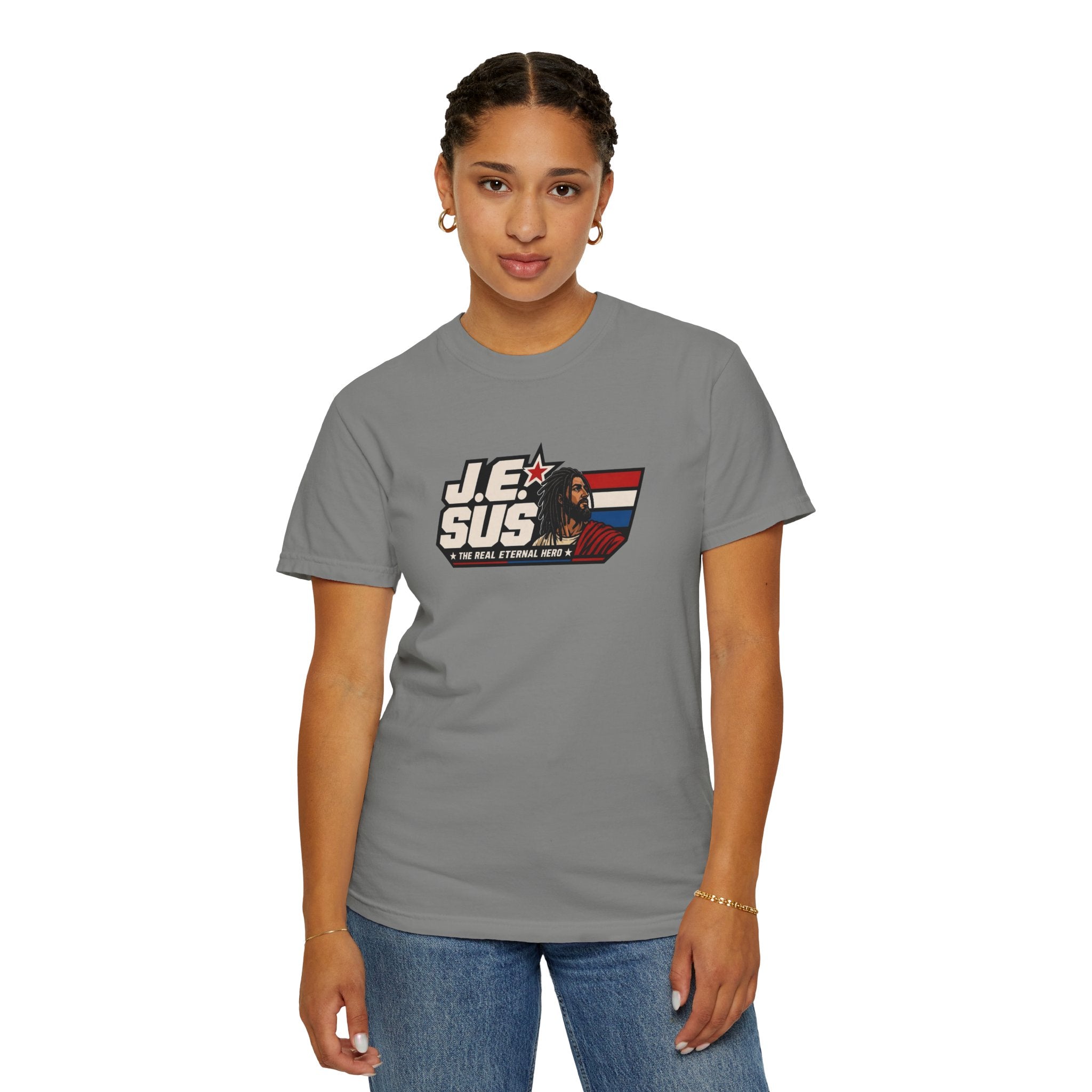 Jesus Retro Graphic T-Shirt — “J.E.SUS The Real Eternal Hero” Christian Vintage Tee