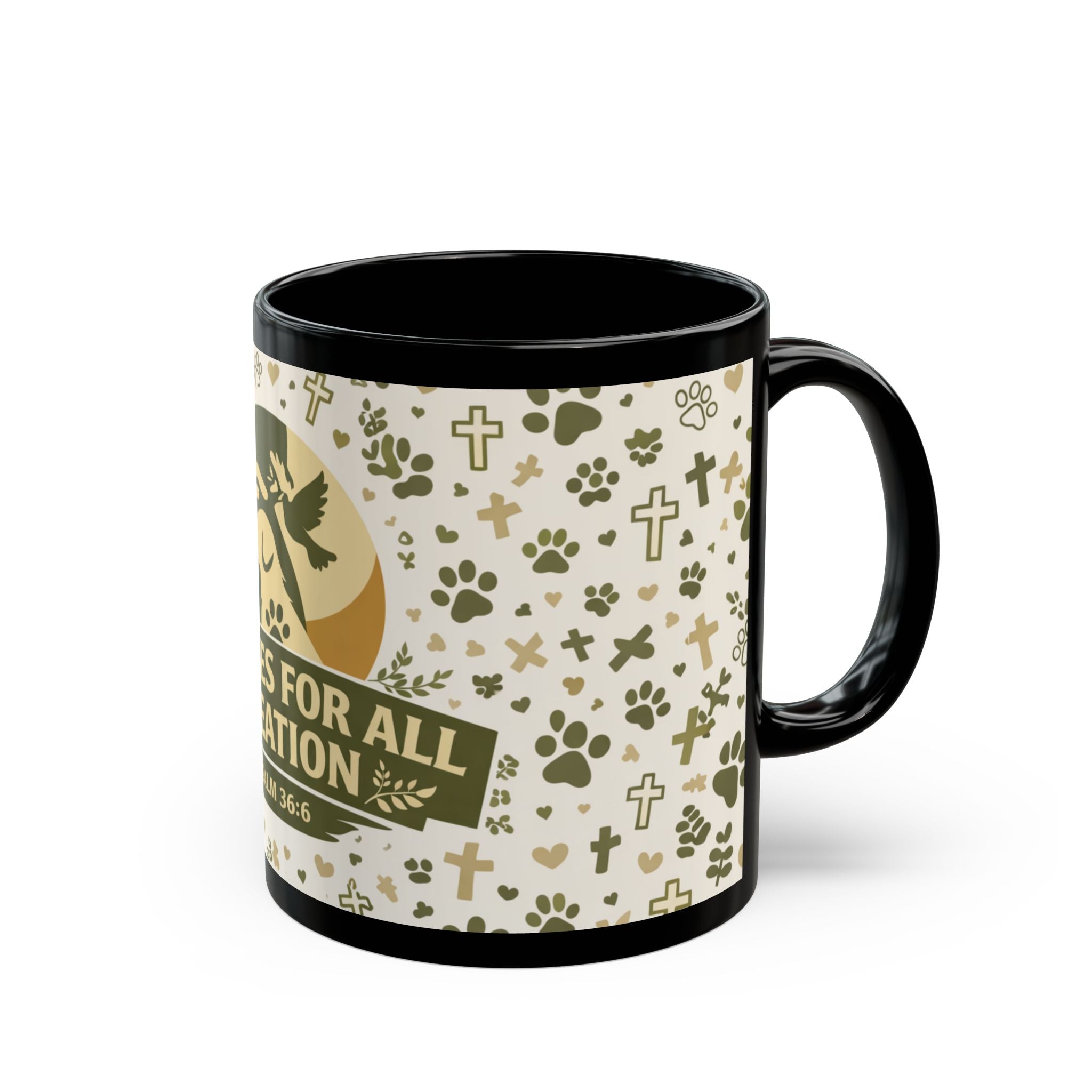 He Cares For All Creation Mug — Psalm 36:6 Christian Animal Lover Coffee Cup