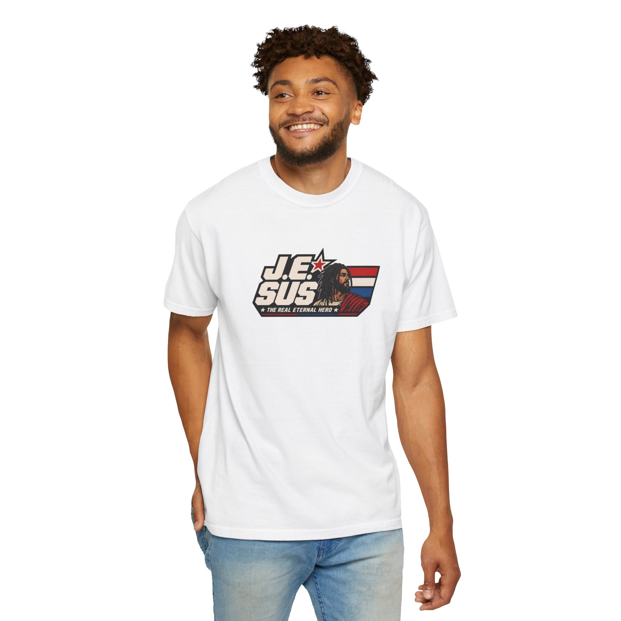 Jesus Retro Graphic T-Shirt — “J.E.SUS The Real Eternal Hero” Christian Vintage Tee