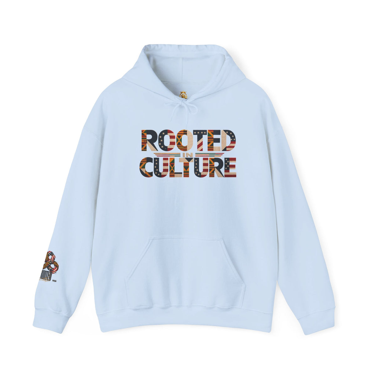 Black Graphic Hoodie — "Rooted in Culture" African Kente Inspired and USA pattern Pullover
