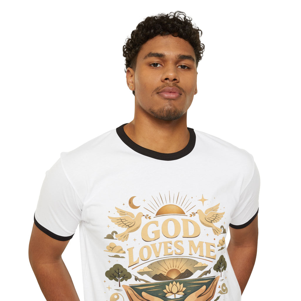 God Loves Me Ringer T-Shirt — Inspirational Christian Faith Graphic Tee