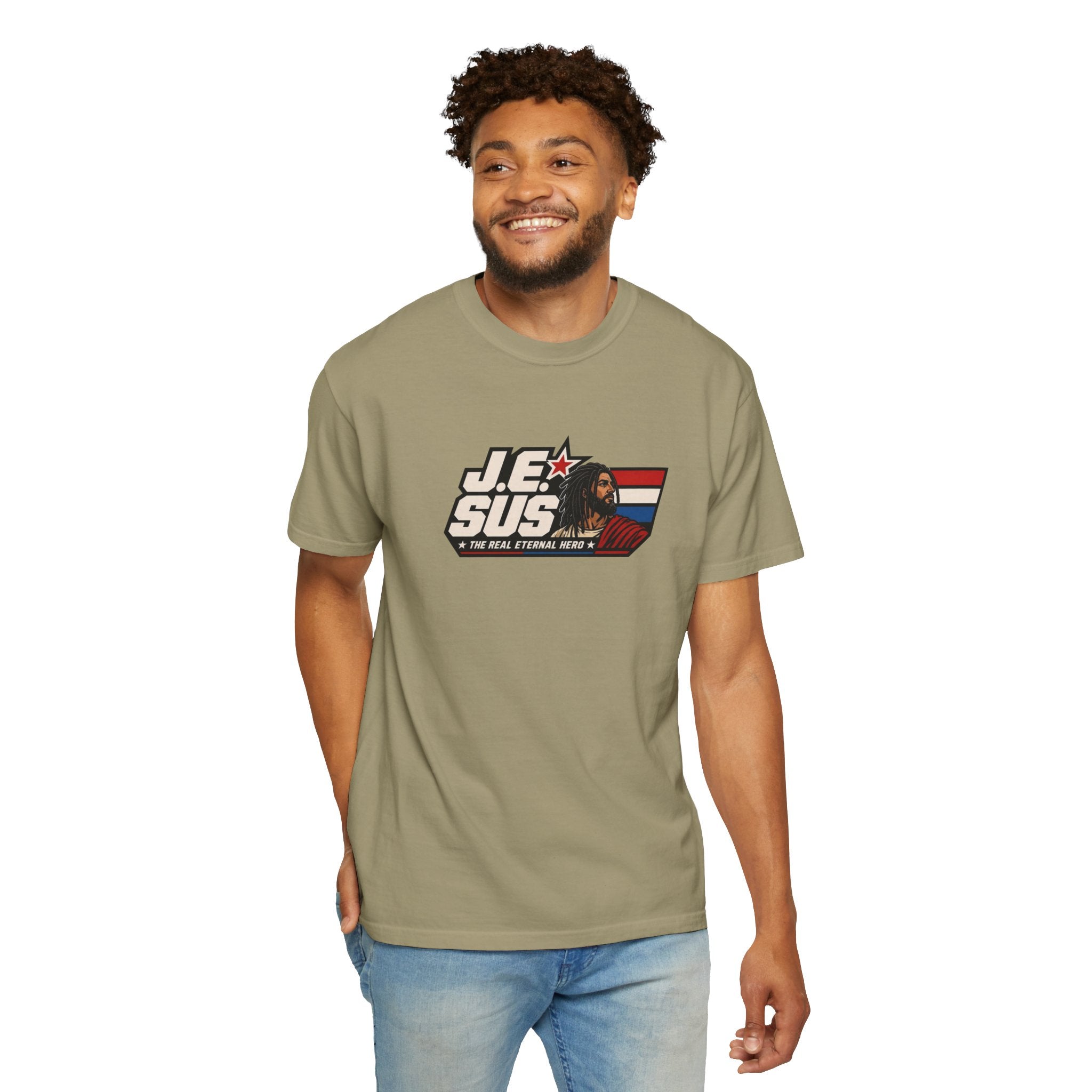 Jesus Retro Graphic T-Shirt — “J.E.SUS The Real Eternal Hero” Christian Vintage Tee