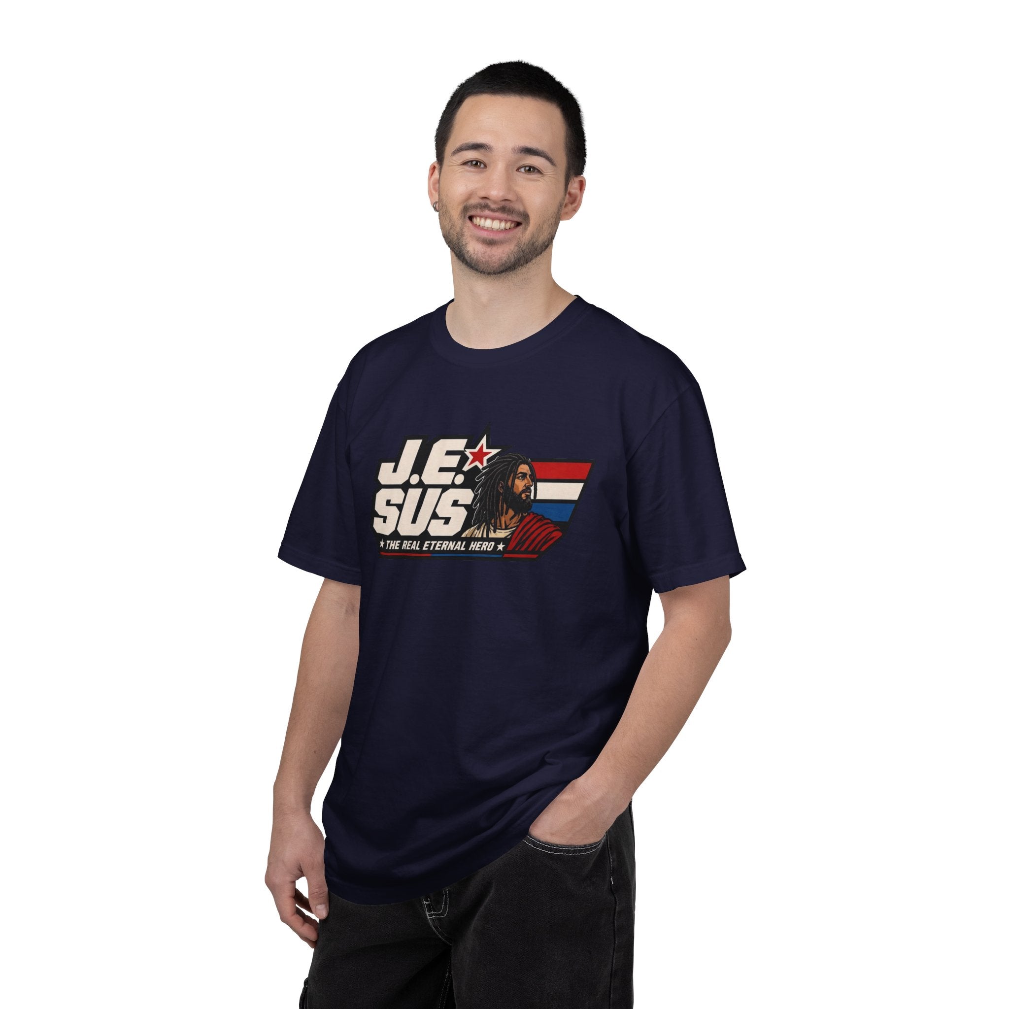 Jesus Retro Graphic T-Shirt — “J.E.SUS The Real Eternal Hero” Christian Vintage Tee