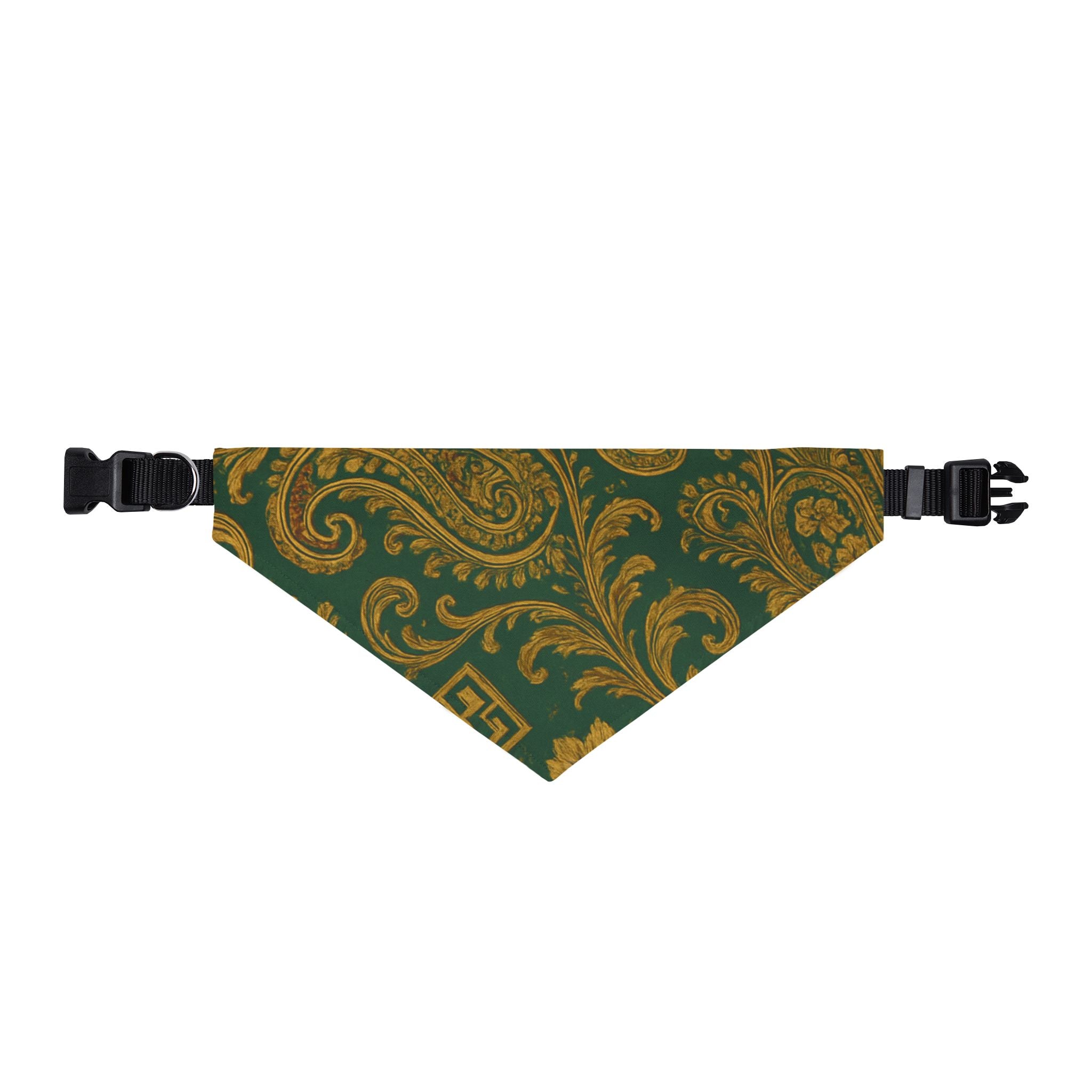 Clip-On Pet Bandana — Vintage Green & Gold Paisley Dog Collar Accessory
