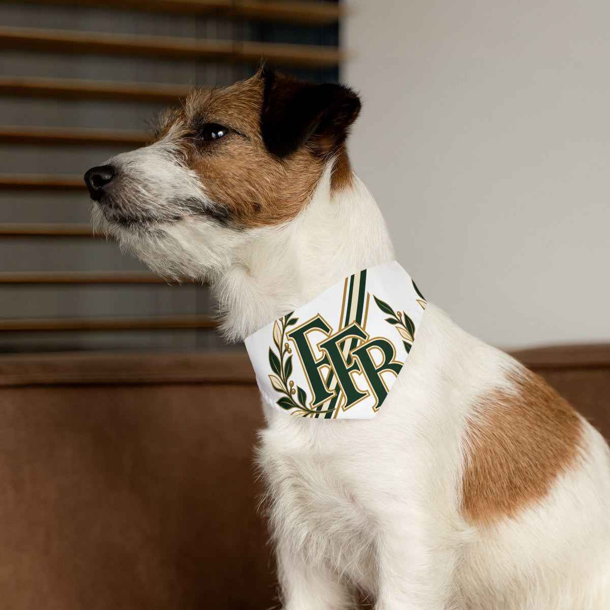 Monogram Laurel Pet Bandana Collar — Green & Gold FFB Crest