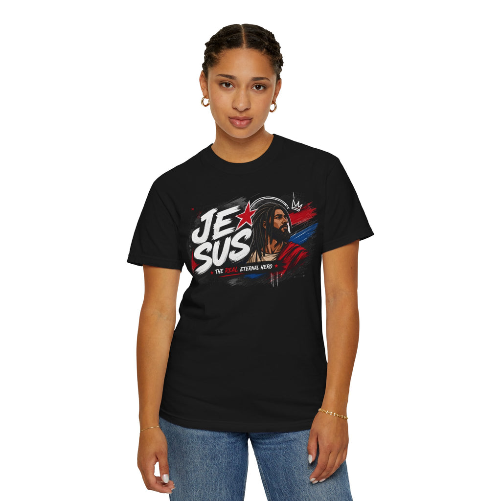Jesus Retro Graphic T-Shirt — “J.E.SUS The Real Eternal Hero” Christian Vintage Tee