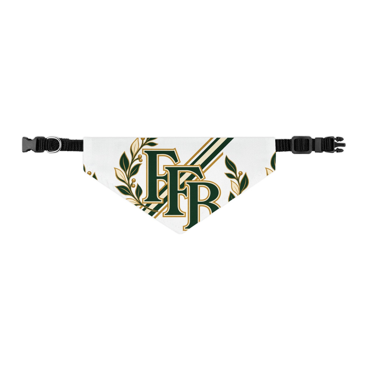 Monogram Laurel Pet Bandana Collar — Green & Gold FFB Crest
