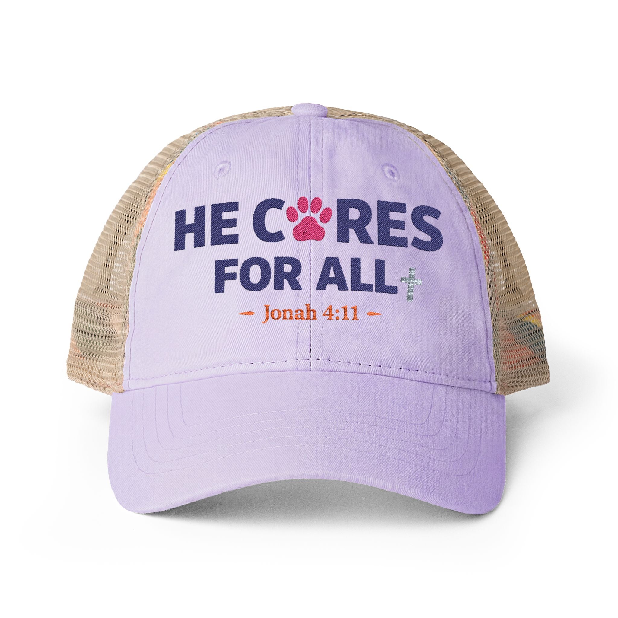 He Cares for All Scripture Paw Print Women's Washed Mesh-Back Cap