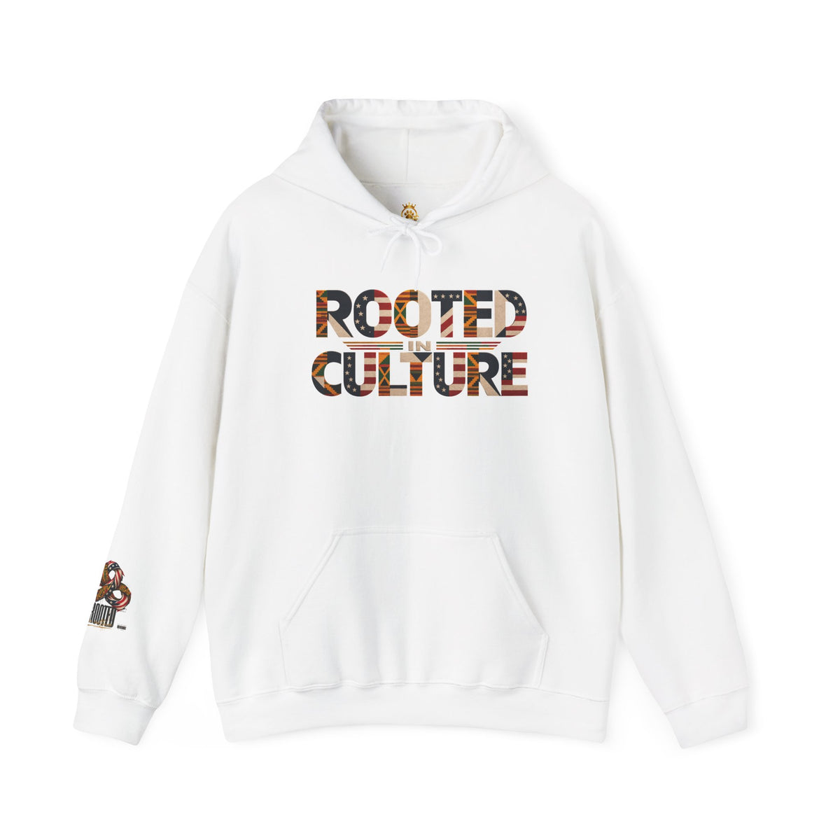 Black Graphic Hoodie — "Rooted in Culture" African Kente Inspired and USA pattern Pullover