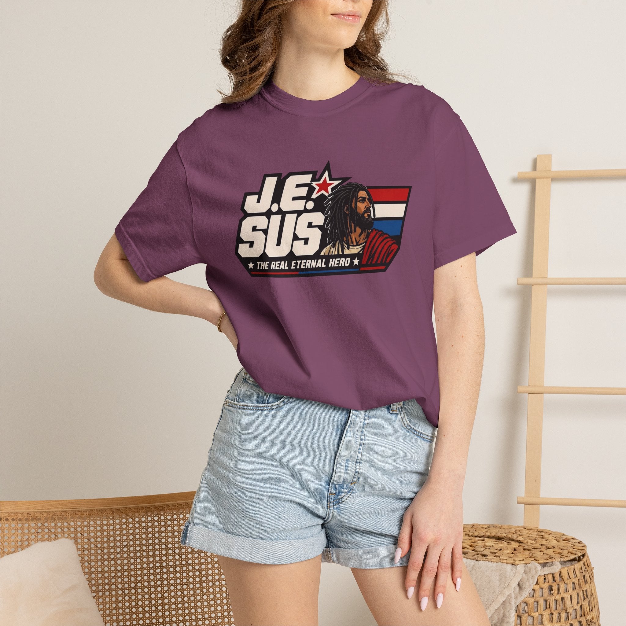 Jesus Retro Graphic T-Shirt — “J.E.SUS The Real Eternal Hero” Christian Vintage Tee