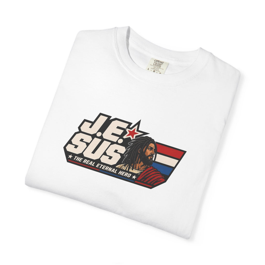 Jesus Retro Graphic T-Shirt — “J.E.SUS The Real Eternal Hero” Christian Vintage Tee