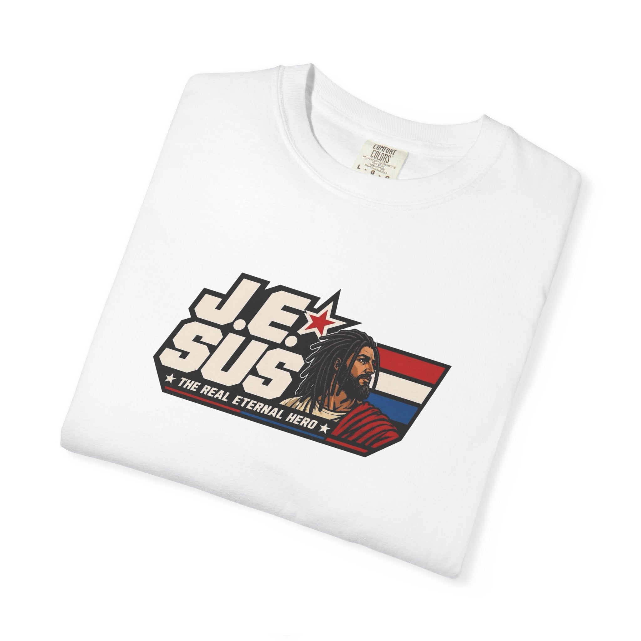 Jesus Retro Graphic T-Shirt — “J.E.SUS The Real Eternal Hero” Christian Vintage Tee