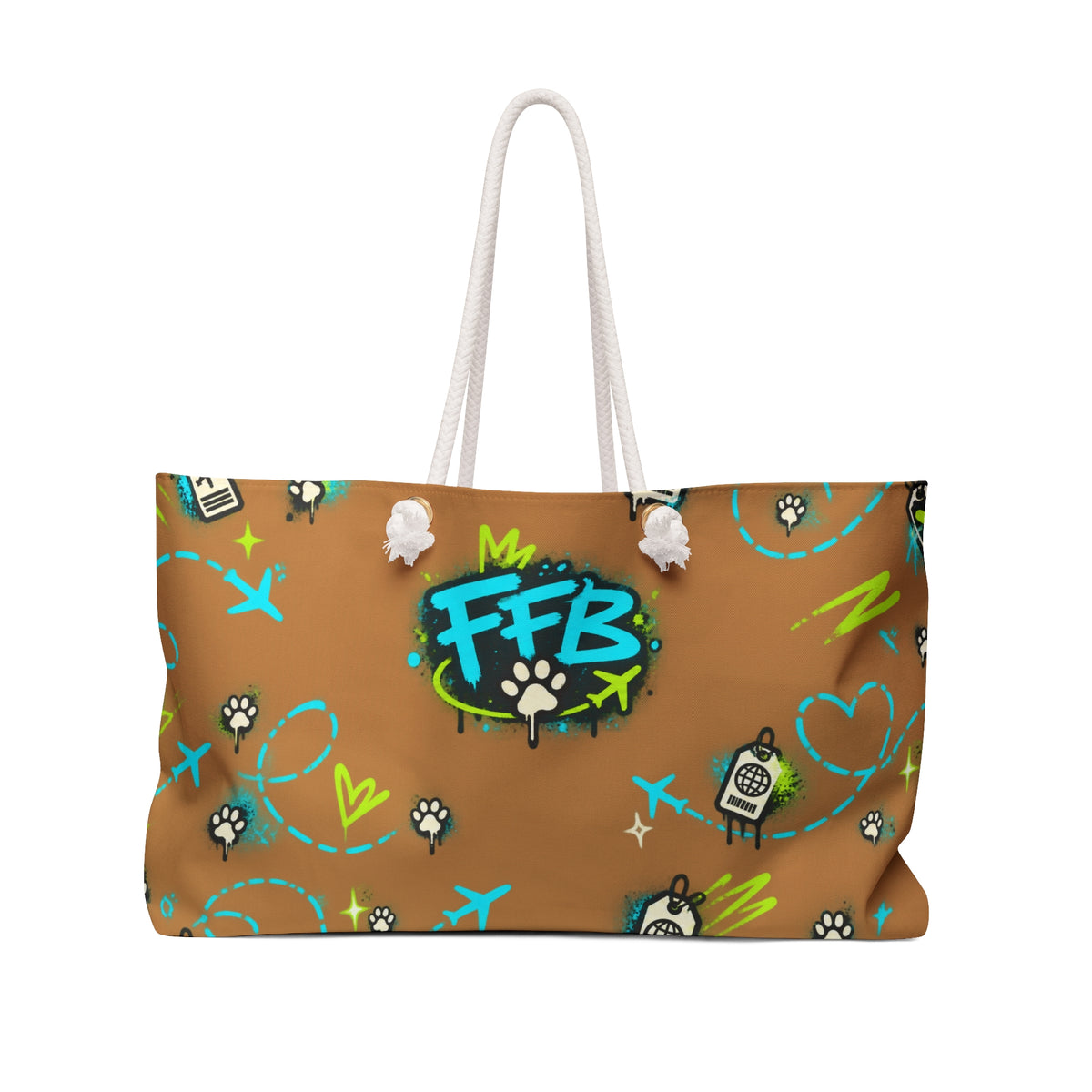FFB Pawprint Weekender Bag — Travel Tote with Fun Phone & Plane Pattern