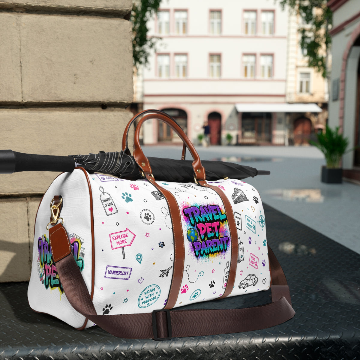 Graffiti 'Travel, Pet, Repeat' Waterproof Travel Bag