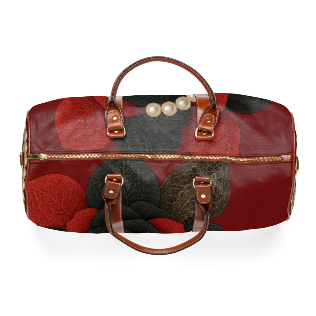 Waterproof Travel Bag — Elegant Black & Red Rose Pearl Duffle