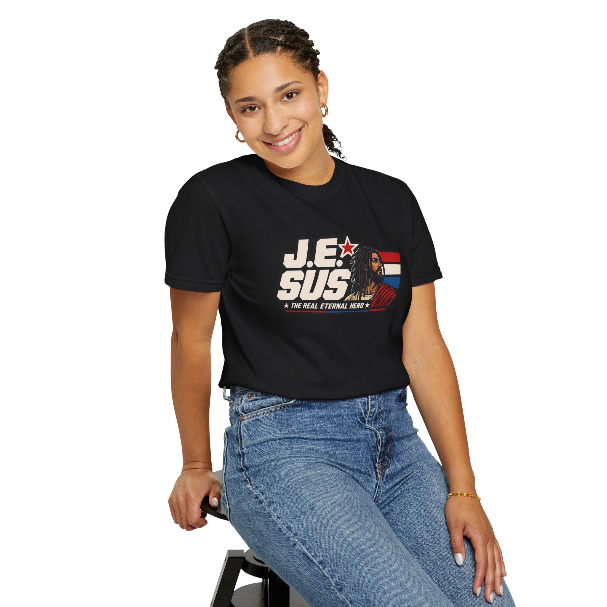 Jesus Retro Graphic T-Shirt — “J.E.SUS The Real Eternal Hero” Christian Vintage Tee