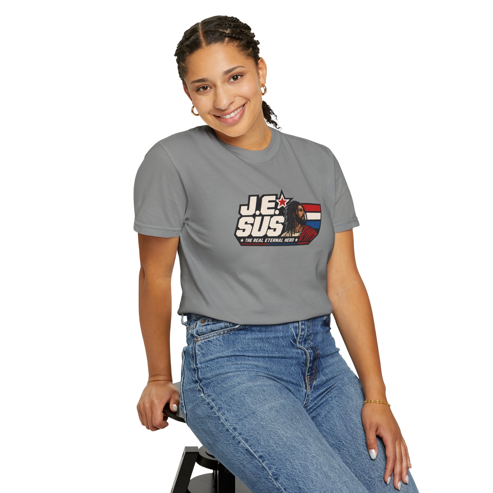 Jesus Retro Graphic T-Shirt — “J.E.SUS The Real Eternal Hero” Christian Vintage Tee