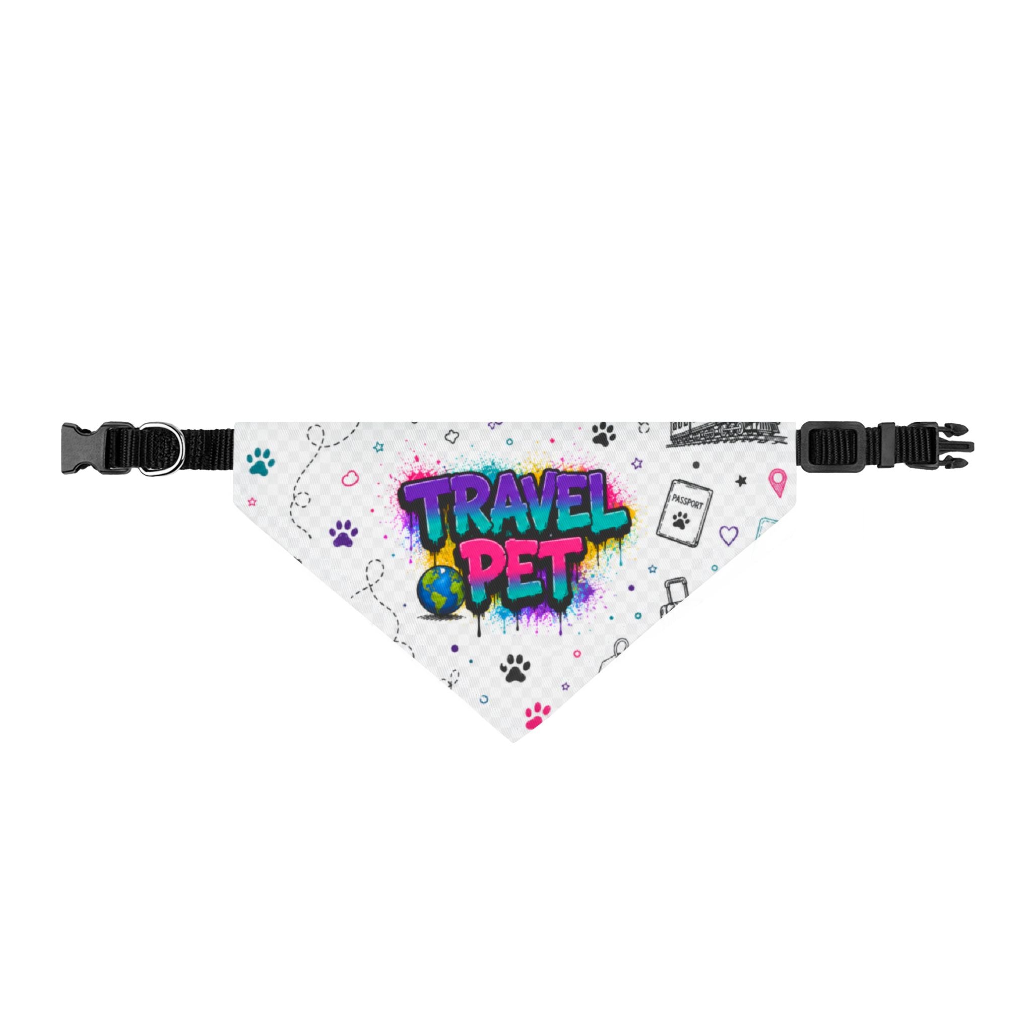 Travel Pet Clip-On Bandana – Colorful Paw Print & Luggage Icon Design