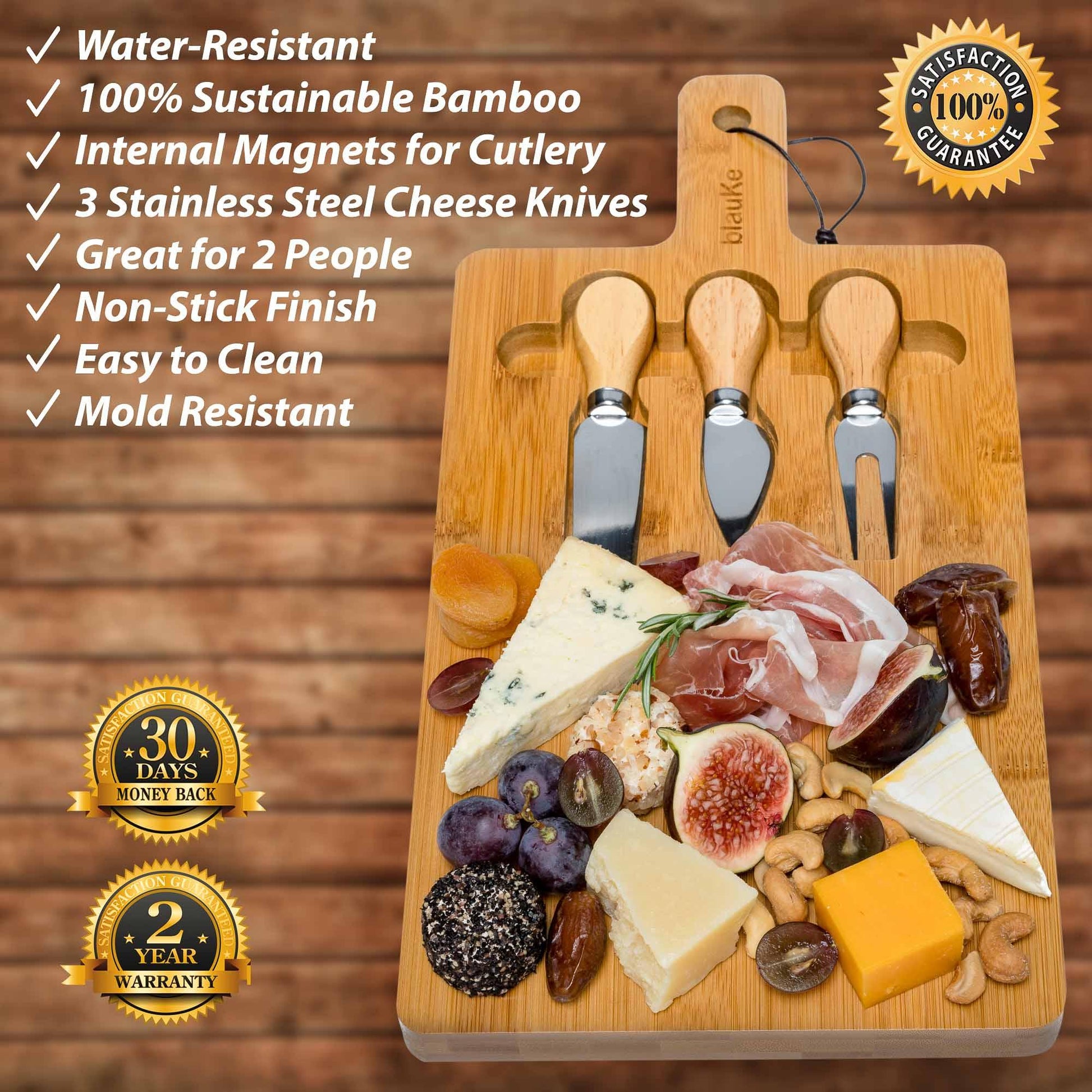 Bamboo Cheese Board and Knife Set - 12x8 inch Charcuterie Board with Magnetic Cutlery Storage - Wood Serving Tray with Handle BlauKe