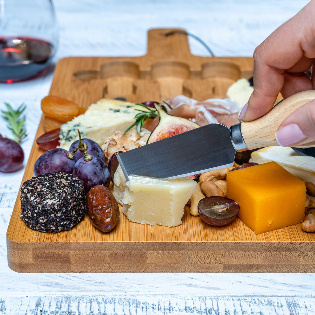 Bamboo Cheese Board and Knife Set - 12x8 inch Charcuterie Board with Magnetic Cutlery Storage - Wood Serving Tray with Handle BlauKe