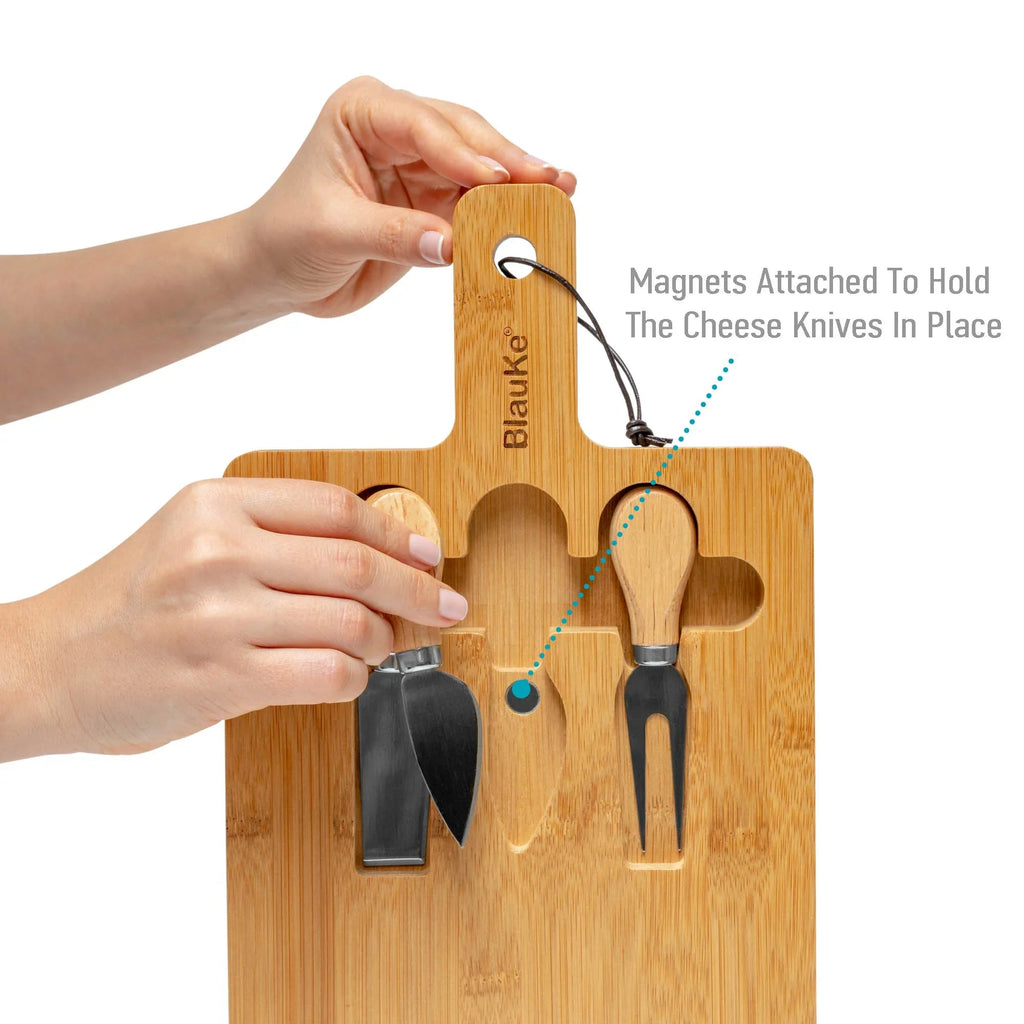 Bamboo Cheese Board and Knife Set - 12x8 inch Charcuterie Board with Magnetic Cutlery Storage - Wood Serving Tray with Handle BlauKe