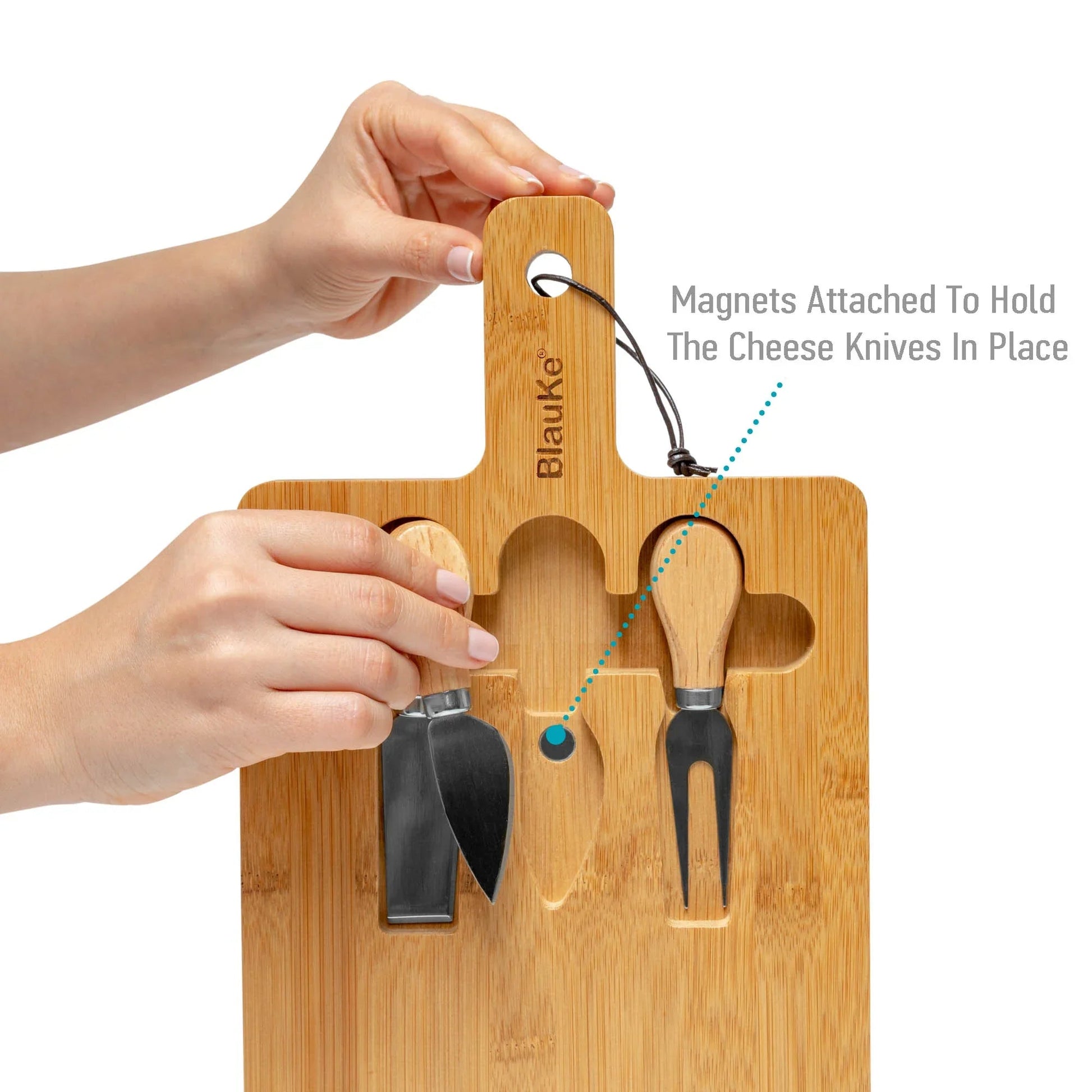 Bamboo Cheese Board and Knife Set - 12x8 inch Charcuterie Board with Magnetic Cutlery Storage - Wood Serving Tray with Handle BlauKe