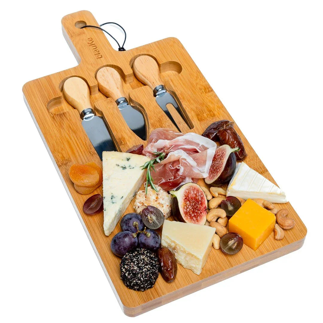 Bamboo Cheese Board and Knife Set - 12x8 inch Charcuterie Board with Magnetic Cutlery Storage - Wood Serving Tray with Handle BlauKe
