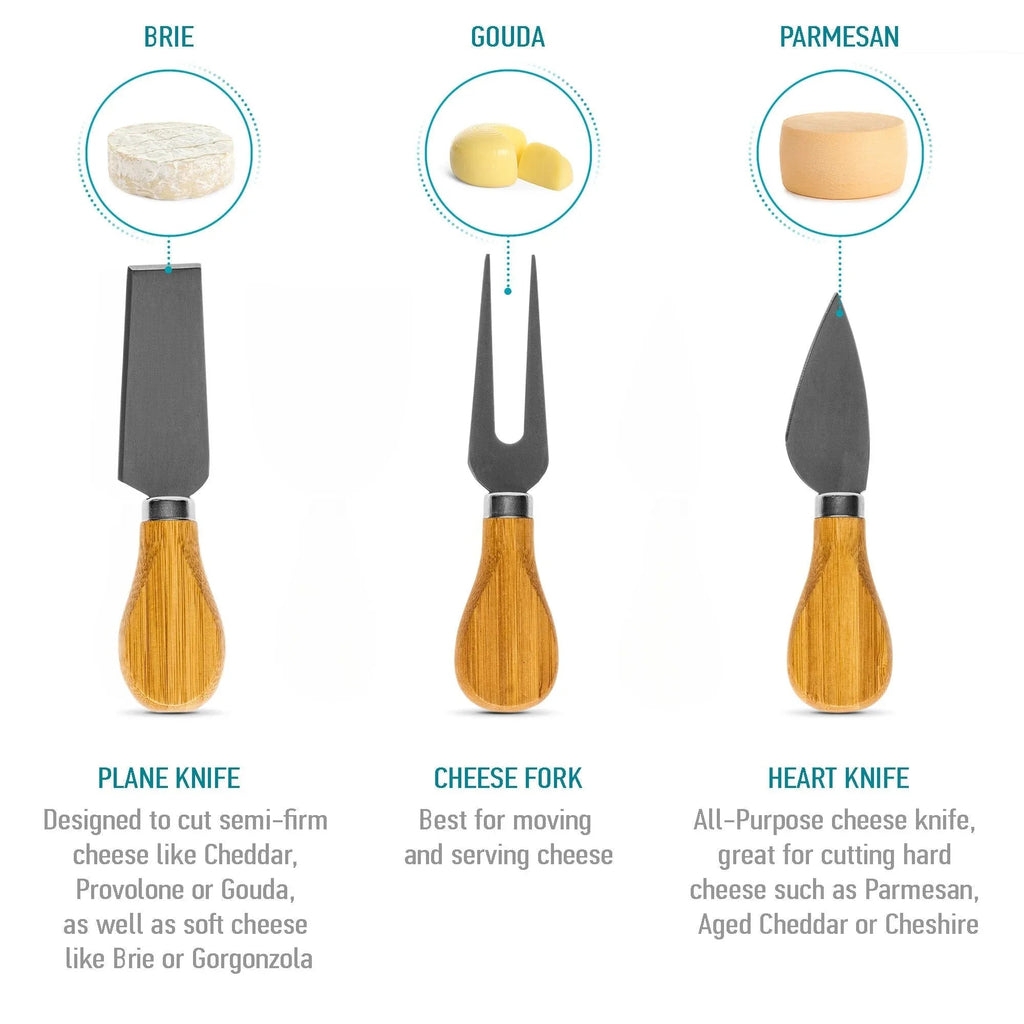 Bamboo Cheese Board and Knife Set - 12x8 inch Charcuterie Board with Magnetic Cutlery Storage - Wood Serving Tray with Handle BlauKe
