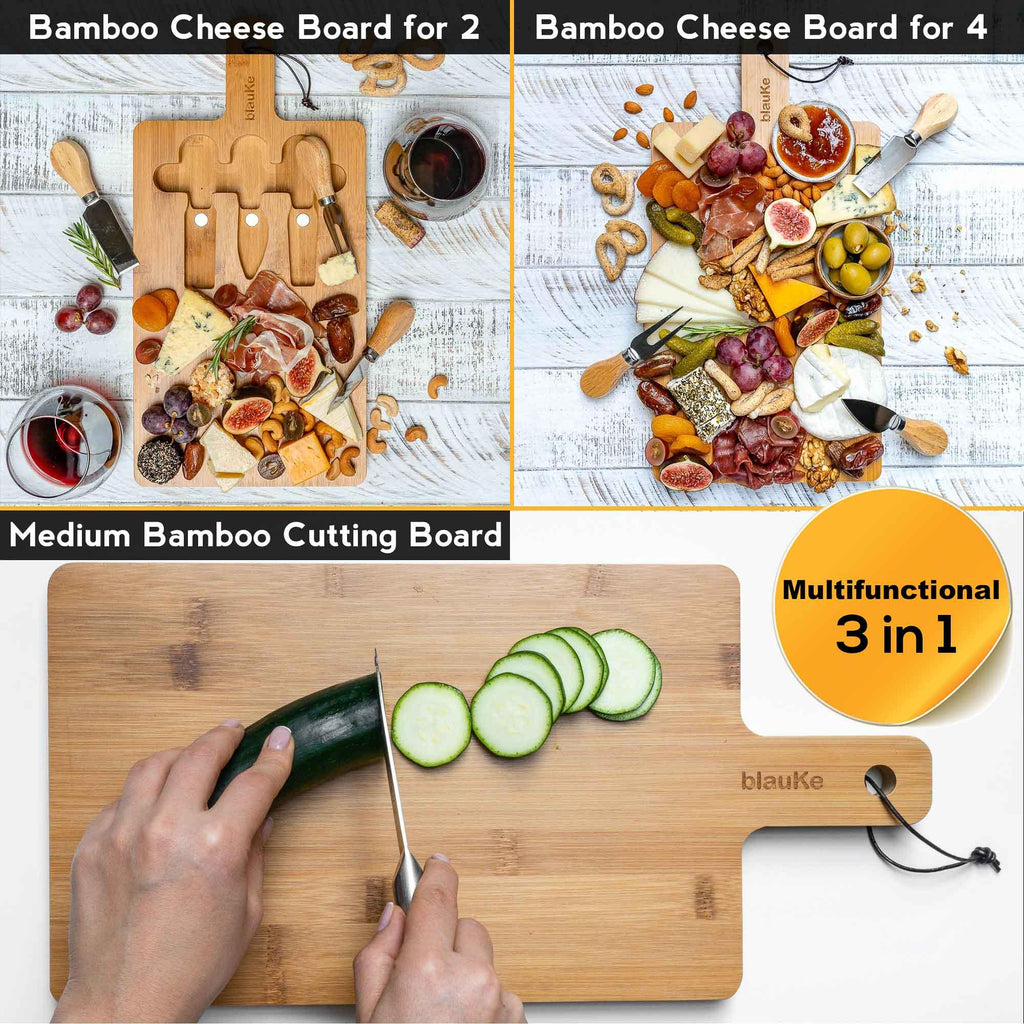 Bamboo Cheese Board and Knife Set - 12x8 inch Charcuterie Board with Magnetic Cutlery Storage - Wood Serving Tray with Handle BlauKe