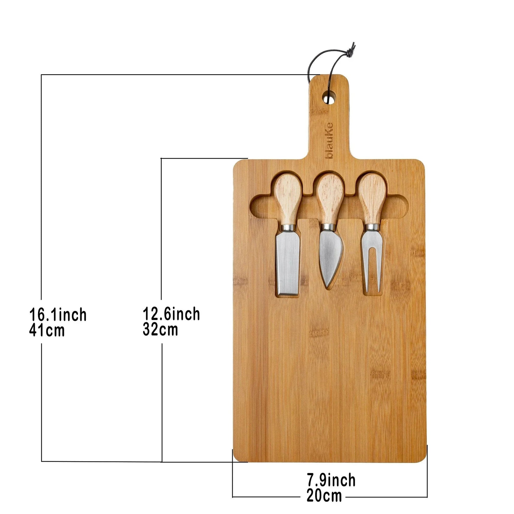 Bamboo Cheese Board and Knife Set - 12x8 inch Charcuterie Board with Magnetic Cutlery Storage - Wood Serving Tray with Handle BlauKe