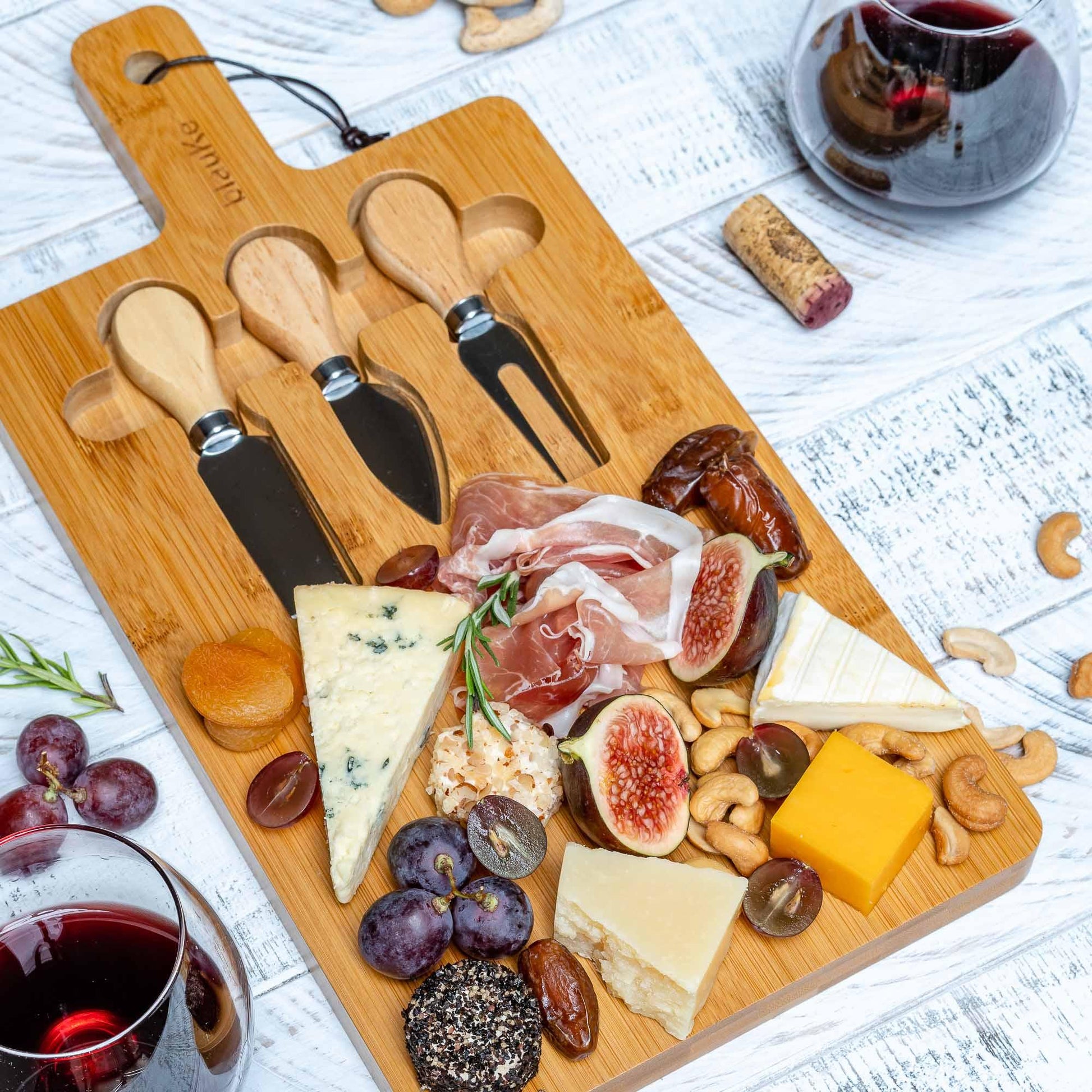 Bamboo Cheese Board and Knife Set - 12x8 inch Charcuterie Board with Magnetic Cutlery Storage - Wood Serving Tray with Handle BlauKe