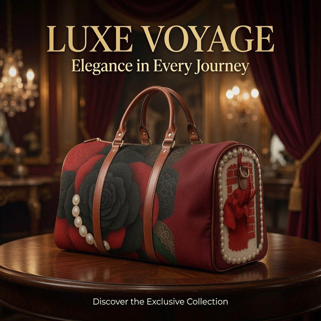 Waterproof Travel Bag — Elegant Black & Red Rose Pearl Duffle. (no raised pearls )￼