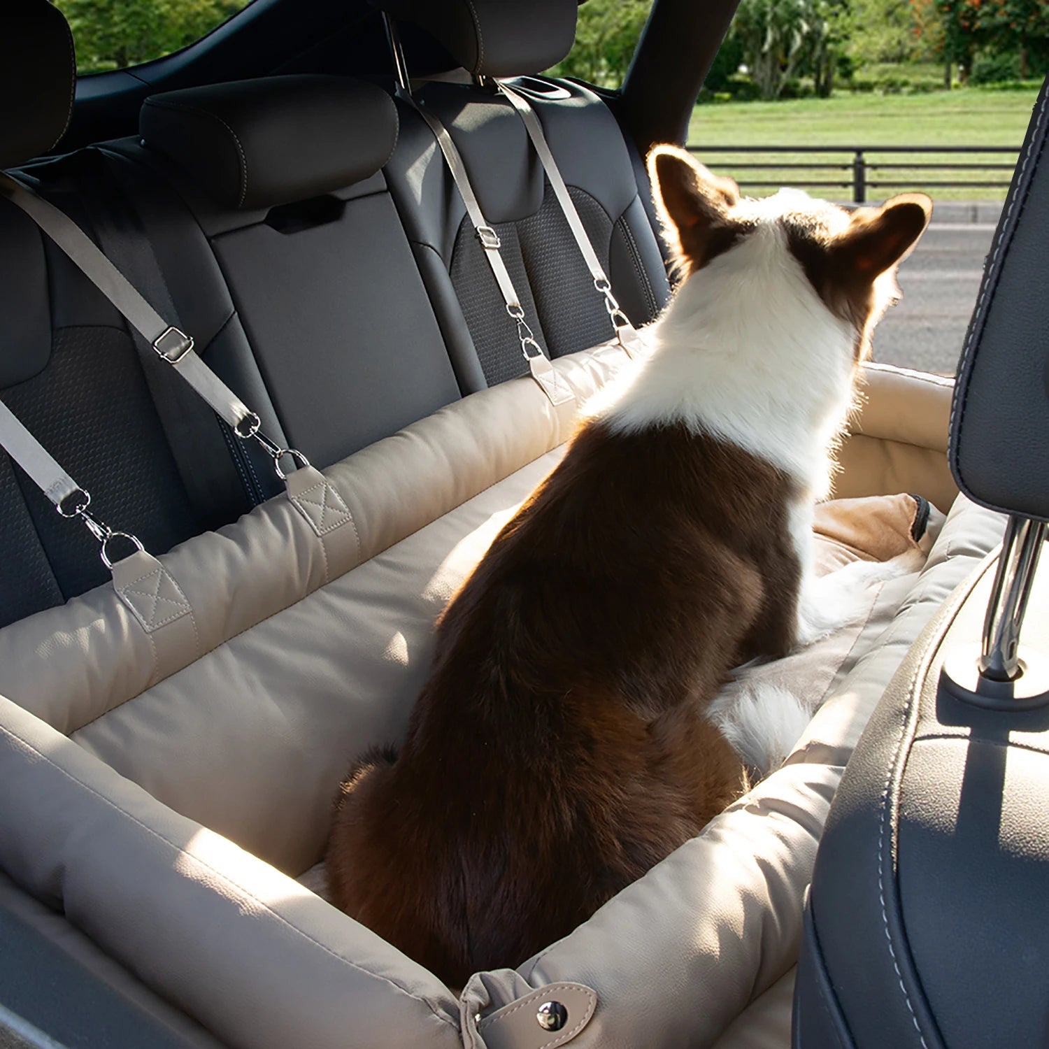 Luxury Dog Beds Faux Leather Dog Car Seat Booster Double Seats Pet Car Seat Bed with Safety Buckle  Pet Beds Fashioned Furbabies
