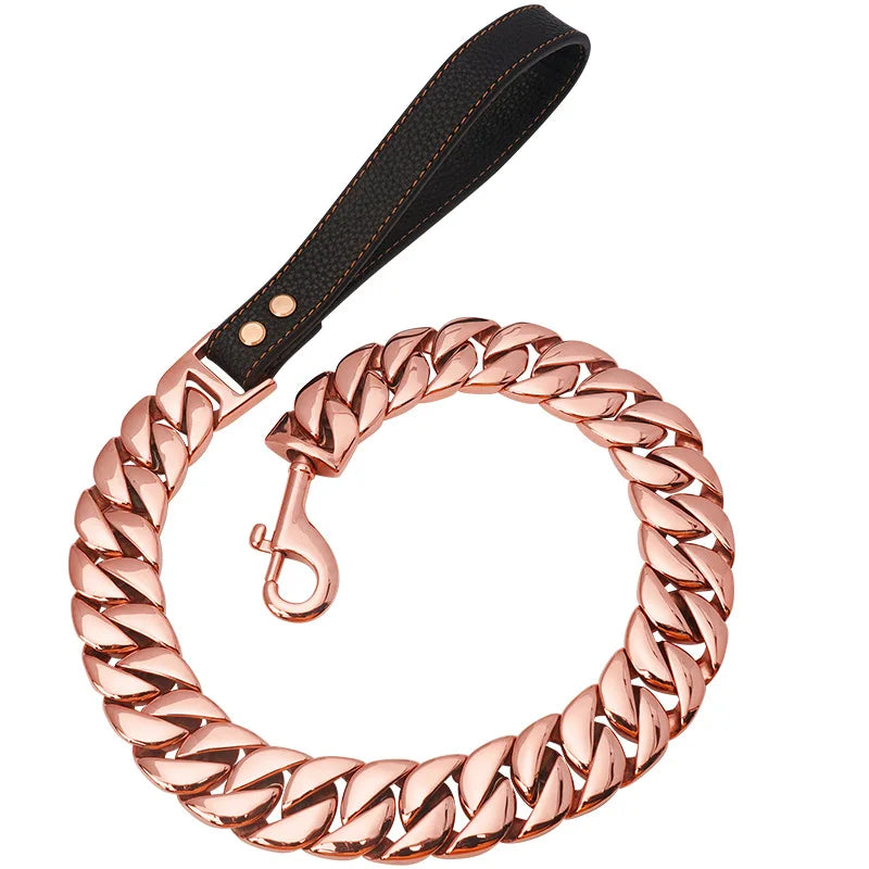 Manufacturers Pet Leather Handle Stainless Steel Leashes Gold Cuban Chain Dog Harness Big Dog Collars and Leads
