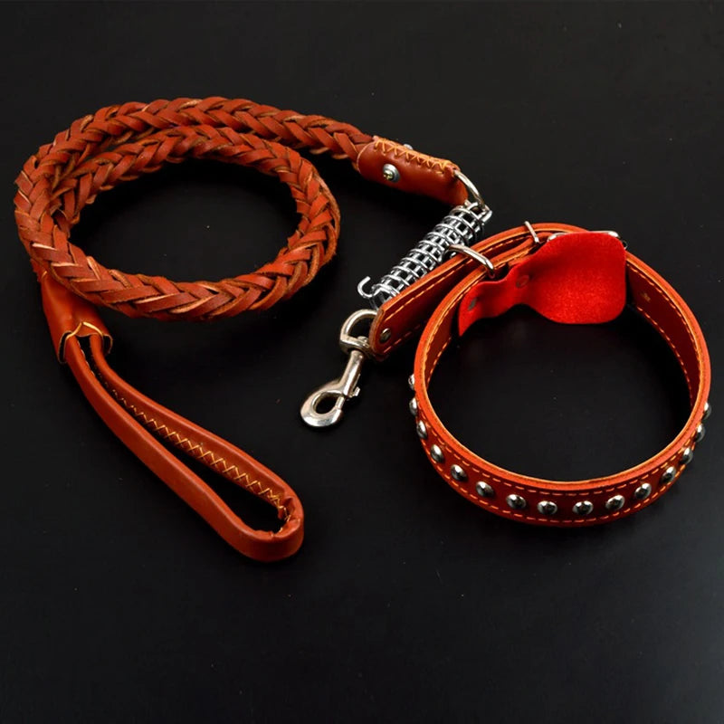 Pet Leather Dog Collar Leash For Large Dog Leather Dog Traction Drag Tow Rope Chain Pet Dog Supplies Accessories Prevent Runaway Fashioned Furbabies
