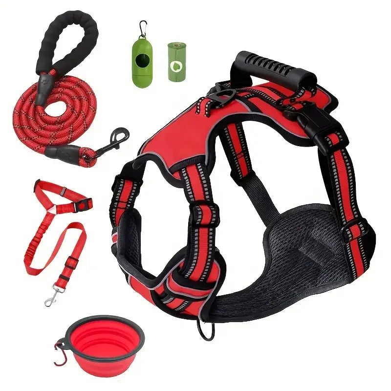 US LOCAL STOCK No Pull Tactical Service Dog Harness Leash Set Car Seatbelt Folding Bowl Degradable Garbage Bags Set for Dogs