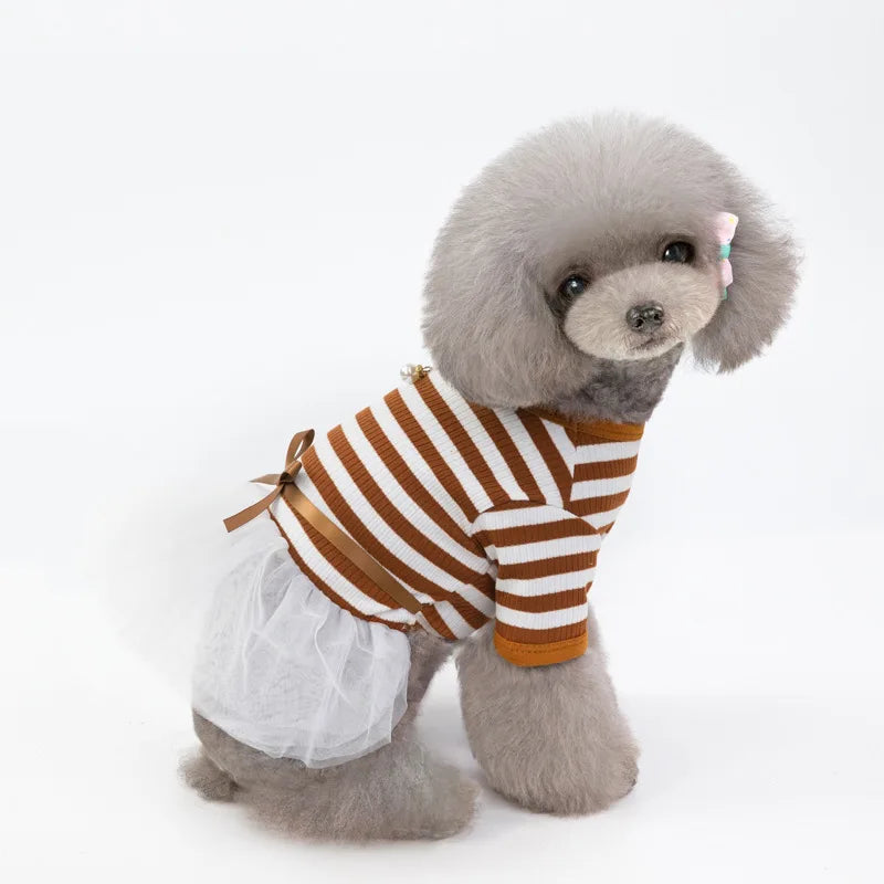 Princess Tutu Dog Dress — Cotton Striped Bowknot Party Skirt for Small Dogs & Cats | Brown & Black | XS–XL