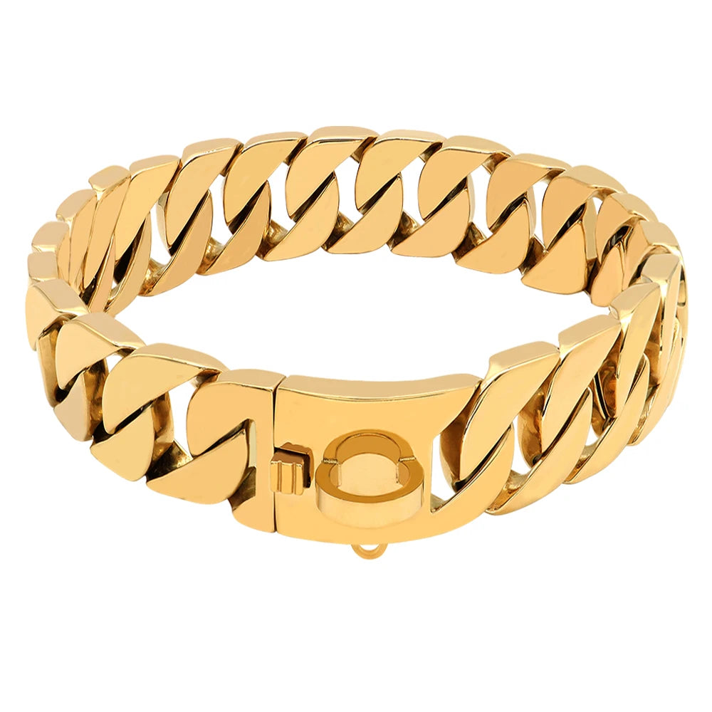 Gold Cuban Chain Dog Collar — 32mm Stainless Steel 316 Heavy Duty Collar for Large & Bully Breeds | 10 Lengths | 18K Gold