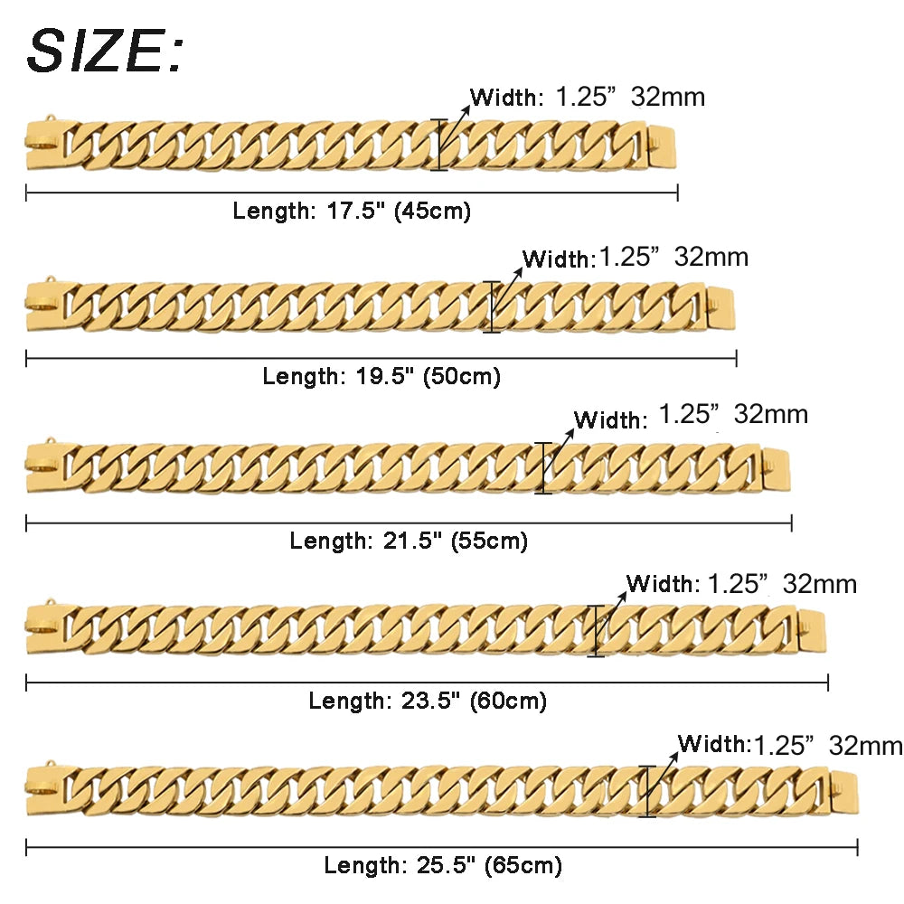 Gold Cuban Chain Dog Collar — 32mm Stainless Steel 316 Heavy Duty Collar for Large & Bully Breeds | 10 Lengths | 18K Gold