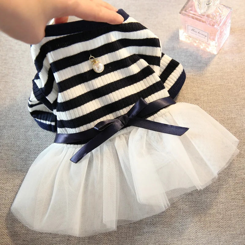 Princess Tutu Dog Dress — Cotton Striped Bowknot Party Skirt for Small Dogs & Cats | Brown & Black | XS–XL