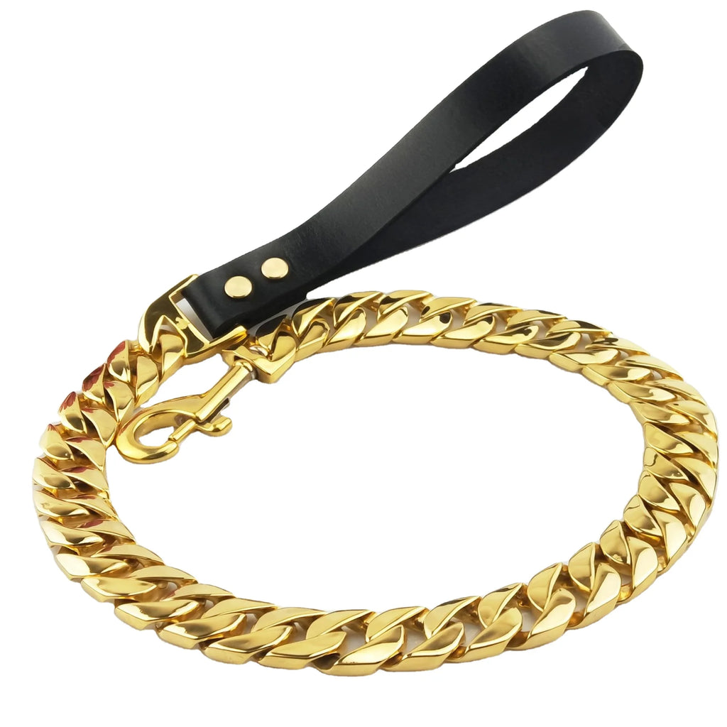 Manufacturers Pet Leather Handle Stainless Steel Leashes Gold Cuban Chain Dog Harness Big Dog Collars and Leads